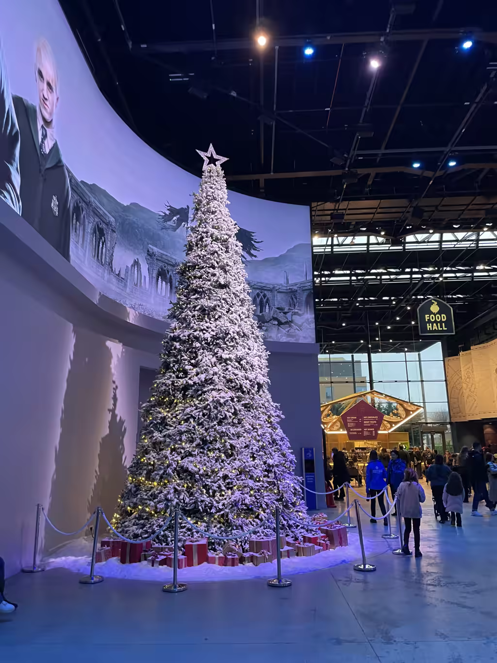 The grand, snow-dusted Christmas tree in the studio lobby perfectly captures the magical holiday season atmosphere.