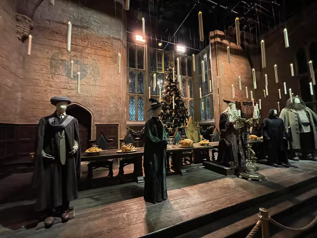 Costumed mannequins stand in the Great Hall set at the Warner Bros. Harry Potter Studio Tour.