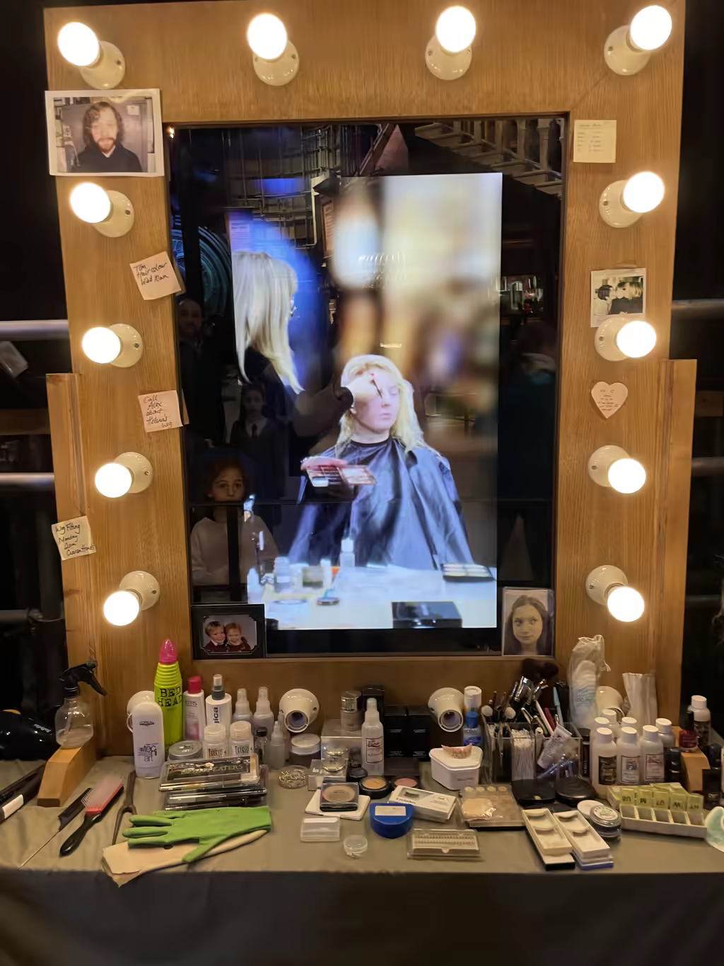 Step behind the scenes at the Harry Potter Studio Tour to see professional makeup artistry workstations.