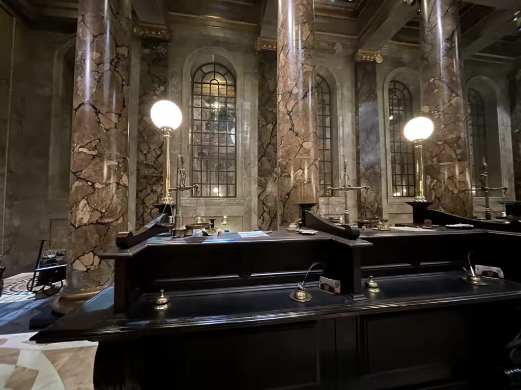 Step inside the iconic Gringotts Wizarding Bank and see the intricate details of the goblins' desks.