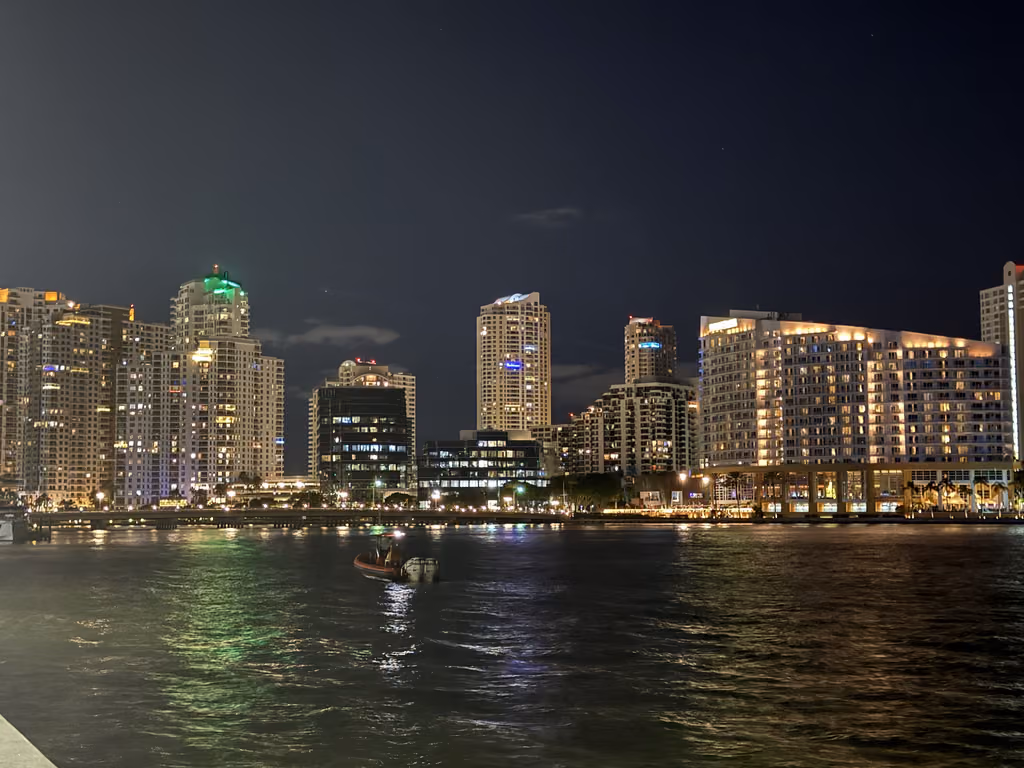 The Miami skyline glows brilliantly at night, offering the perfect backdrop for evening activities.