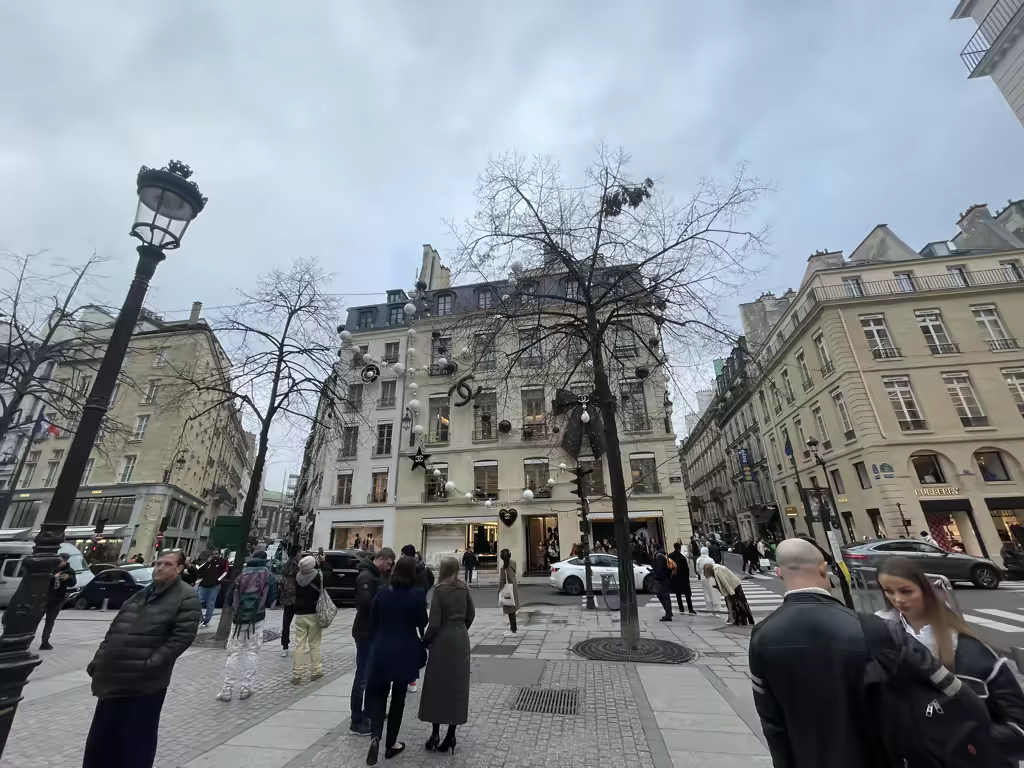 The festive Chanel-adorned storefronts near the Place Vendôme add a touch of winter Parisian magic.