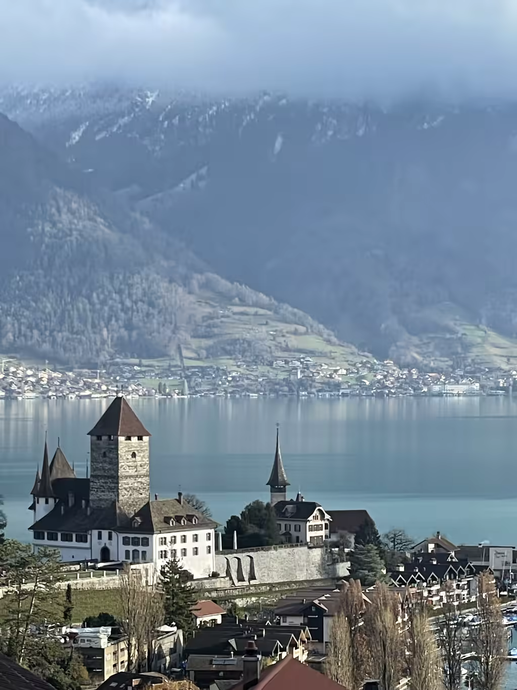 Posing at the Grand Tour of Switzerland photo frame with stunning views over Lake Thun in Spiez.