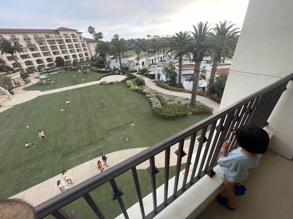 A view from a hotel balcony overlooking a manicured lawn and resort gardens at the Waldorf Astoria Monarch Beach in Dana Point.