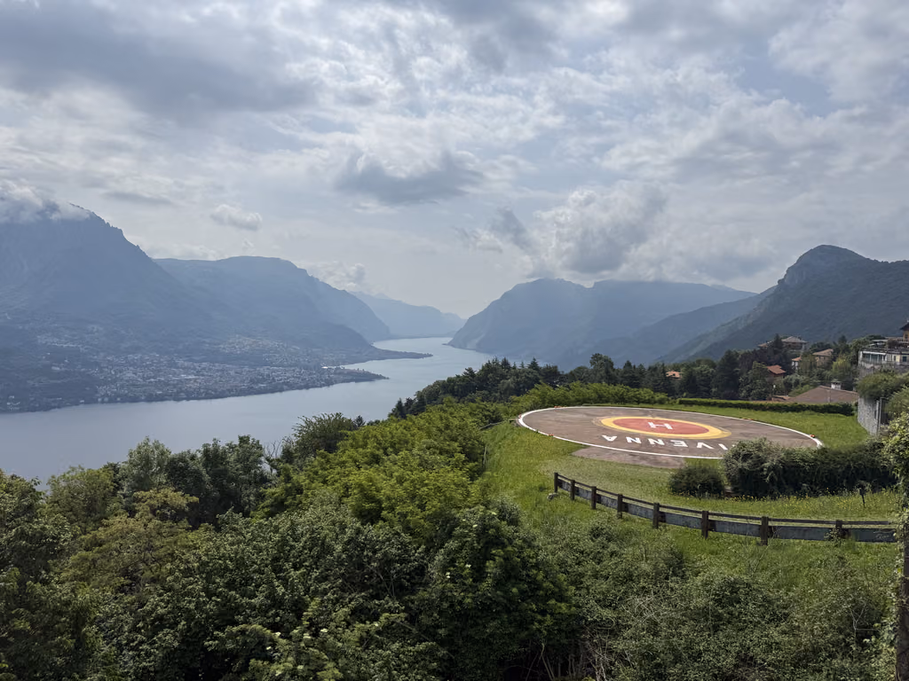 Helipad at Villa Monastero overlooking the town of Varenna and Lake Como, Italy.