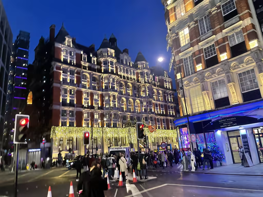 The iconic Harvey Nichols department store shines bright with festive holiday lights in Knightsbridge, London.