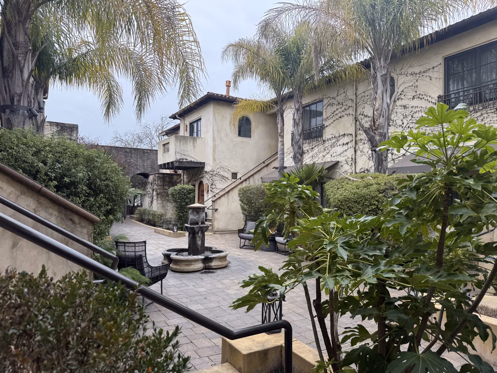 The serene courtyard at the North Block Hotel offers a peaceful escape in beautiful Napa Valley.