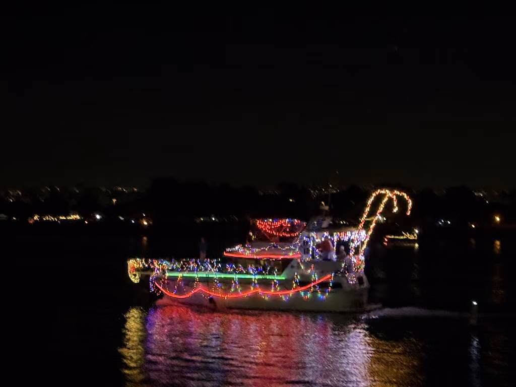 A brightly decorated boat adorned with colorful Christmas lights cruises through San Diego Bay at night.