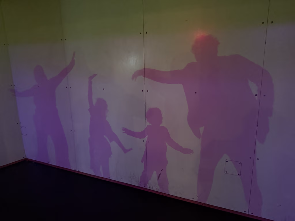Family shadows playing on an interactive light wall at the Exploratorium in San Francisco.